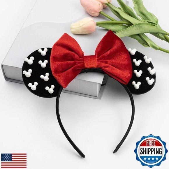 Velvet Mouse Ears Hair Bow Headband with Pearls New - Picture 5 of 5